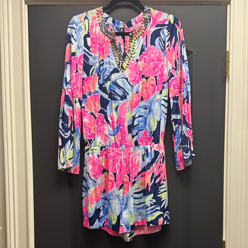 Lilly Pulitzer Ariele Romper in print High Tide Navy Tropicolada